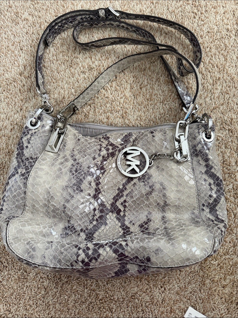 Michael Kors Taupe and Dark Brown Snake-Print Leather Shoulder Bag